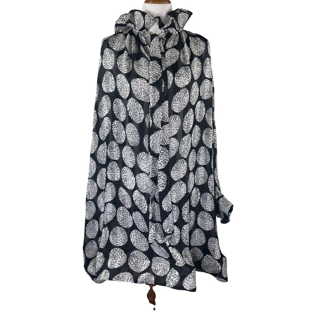 Beulah Style Black White Polka Dot Pleated Ruffle Tie Neck Tunic Dress Womens S